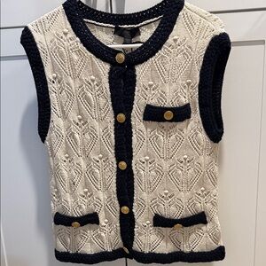 Zara Navy and Cream Knit Cardigan with Gold Buttons